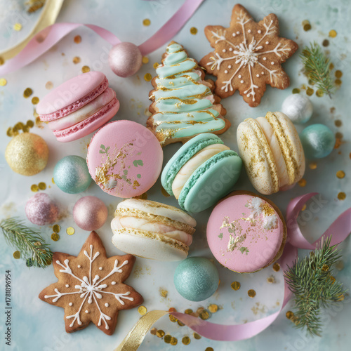 Wallpaper Mural Artistic flat lay composition of colorful macarons and festive gingerbread cookies. High quality photo Torontodigital.ca
