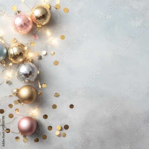 Wallpaper Mural Minimalist holiday composition, top view of colorful Christmas baubles, delicate string lights. High quality photo Torontodigital.ca