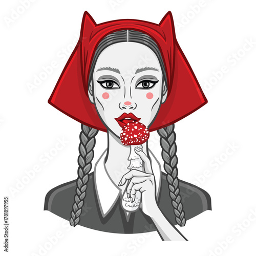 Beautiful girl in a headscarf licks a fly agaric mushroom. Vector illustration.