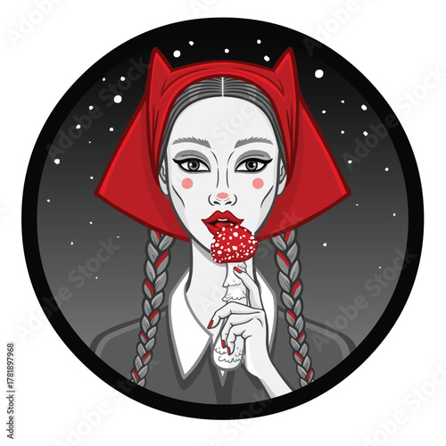 Beautiful girl in a headscarf licks a mushroom. Background - night starry sky. Vector illustration.