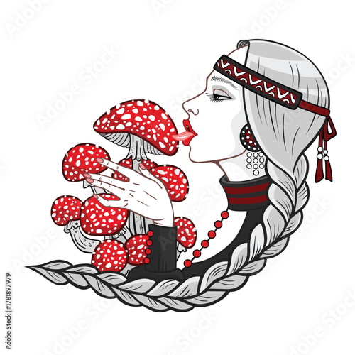 Girl in an old suit licks mushrooms. Vector illustration.