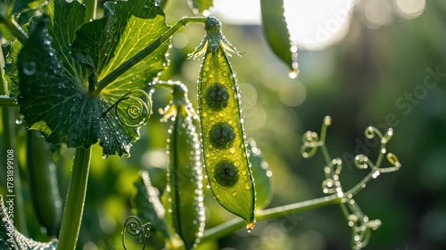 Closeup of dewcovered pea pods hanging on a plant backlit by sunlight with bokeh in the background