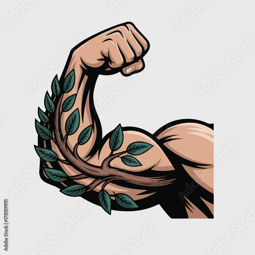 body builder muscle with green leaves that shows power