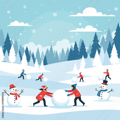 Children joyfully building snowmen and playing in a snowy winter forest landscape.