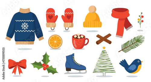 Collection of Cozy Winter Clothing and Festive Holiday Items.