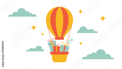 A Whimsical Ascent: A vibrant hot air balloon floats gracefully through a tranquil, cloudy sky, carrying festive gifts, symbolizing the joy and anticipation of celebrations. 