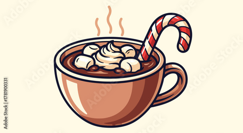 A warm and cozy mug of hot chocolate topped with whipped cream, marshmallows, and a festive candy cane stirrer. A sweet, comforting beverage for the winter holidays