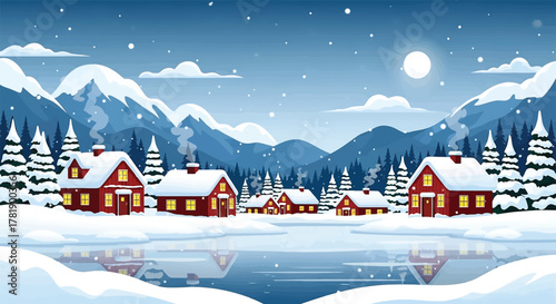 Cozy Snow-Covered Village with Warmly Lit Houses and Snowy Mountains.