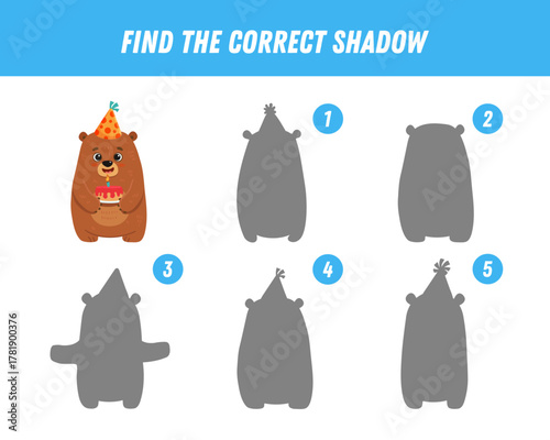Find correct shadow of cute brown bear. Educational logical game for kids. Cartoon teddy bear with cake. Vector illustration
