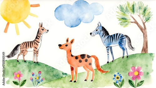 Watercolor Cartoon Animals in Nature
