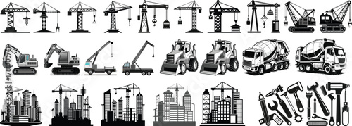 Heavy Construction Machinery Tools City Silhouette Vector