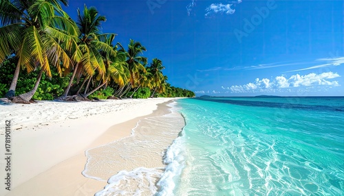 Fototapeta Naklejka Na Ścianę i Meble -  Turquoise Ocean Waves Gently Lap Against A White Sand Beach Lined With Lush Green Palm Trees Under A Clear Blue Sky