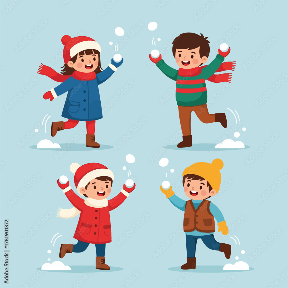 Fototapeta premium Four cheerful children joyfully playing in the snow, throwing snowballs.