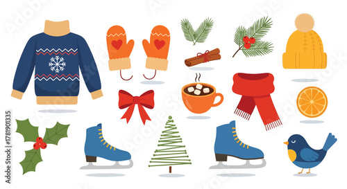 Festive Winter Holiday Objects Collection with Clothing and Decorations.