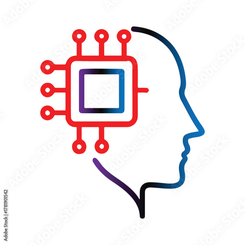 A line art icon showing a human head with an integrated circuit chip replacing the brain, a powerful metaphor for artificial intelligence, cybernetics, and future technological advancements