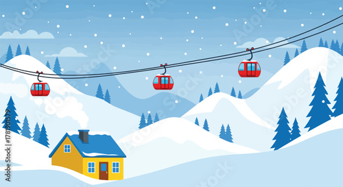 Red ski lift gondolas transport passengers over snowy mountains and a cozy cabin.