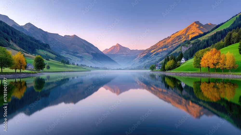 Fototapeta premium Serene Mountain Lake Reflects Autumn Trees and Golden Sunlight in a Tranquil Valley Landscape