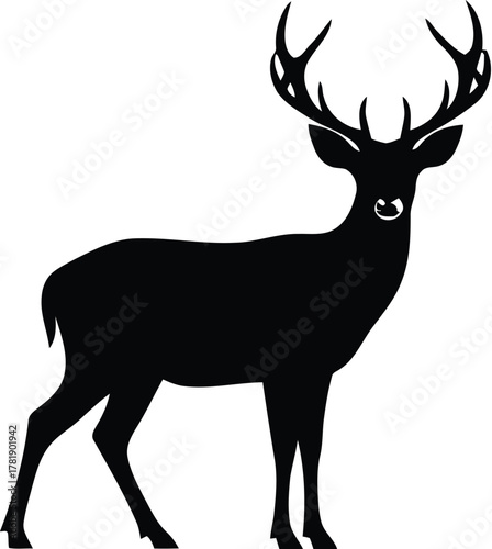 Black silhouette of a stag with large antlers standing on a white background stag silhouette deer silhouette