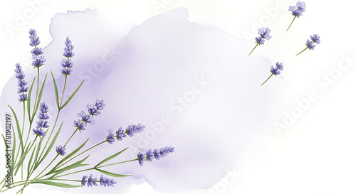 Watercolor painting of lavender flowers with purple hues and green leaves on a white background space