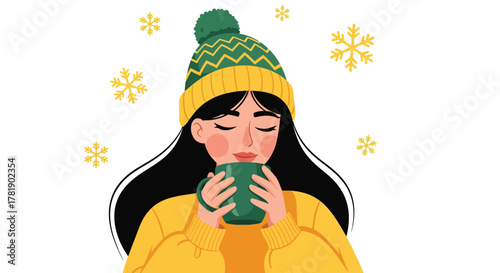 Young Woman Wearing a Green Beanie and Yellow Sweater, Enjoying a Warm Drink in Winter.
