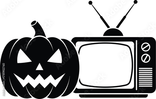 Retro tv set with Halloween pumpkin. Silhouette of a television and a jack-o'-lantern vector illustration. Jack-o-lantern and a television horror film. Halloween pumpkin with a tv screen