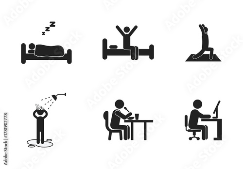 Bundle of isolated illustrations of Daily Activities in the morning Stick Figures starting from sleeping, waking up, stretching, taking a shower, having breakfast, to working.