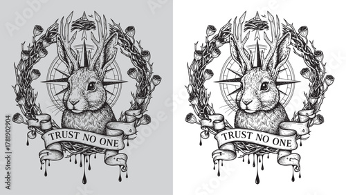 Jackalope Bunny with Antlers and Compass - Trust No One Dark Art