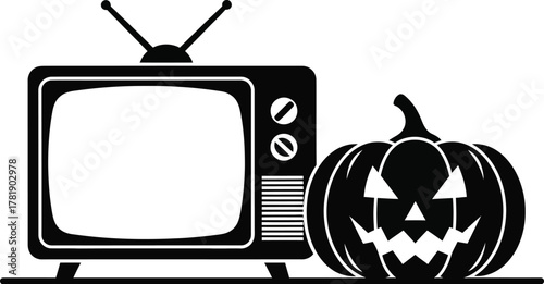 Retro tv set with Halloween pumpkin. Silhouette of a television and a jack-o'-lantern vector illustration. Jack-o-lantern and a television horror film. Halloween pumpkin with a tv screen