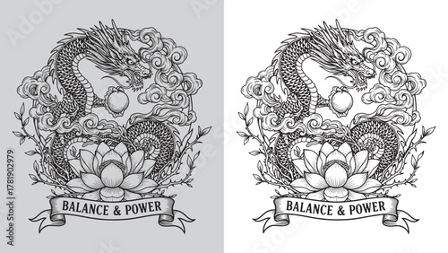 Chinese Dragon with Lotus Flower and Balance & Power Banner