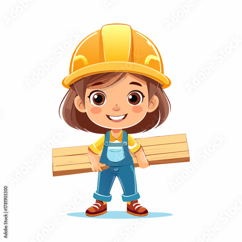 Cheerful cartoon girl dressed as a construction worker, wearing a slightly oversized yellow hard hat and blue overalls, happily holding a wooden plank, ready for building and creating