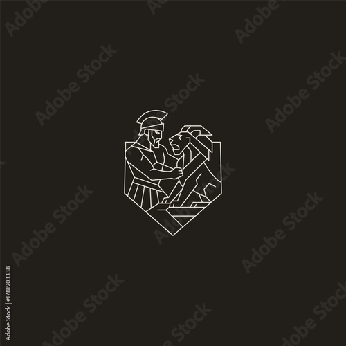 Hercules and lion line art logo showing strength, heroism, and courage.
