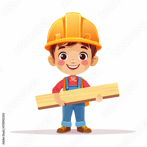 Cute Cartoon Builder Boy with Lumber and Hard Hat Illustration