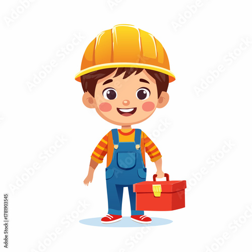 Friendly and cheerful cartoon little boy dressed as a construction worker, wearing a yellow safety hard hat and blue overalls, holding a red toolbox, ready for work