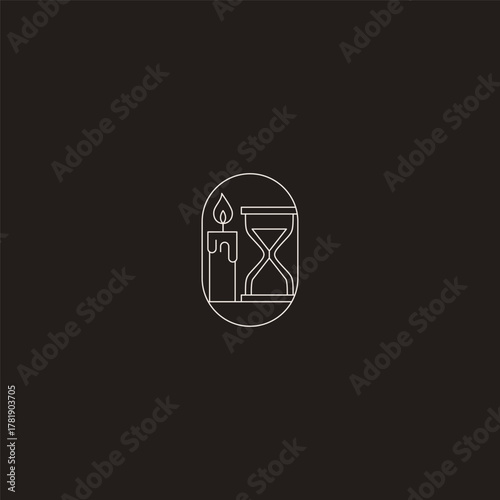 Hourglass and candle line art logo symbolizing time, light, and reflection.