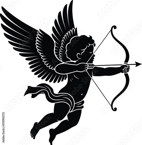 Shooting arrow with a bow vintage cupid vector illustration silhouette. Holiday cupid for valentine day,  romance, love celebration. 