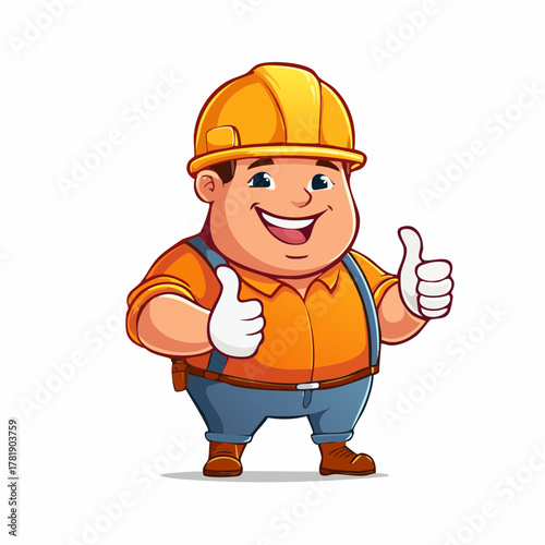 Happy cartoon construction worker mascot gives thumbs up, wearing a yellow hard hat and orange shirt, isolated vector illustration of a cheerful builder character