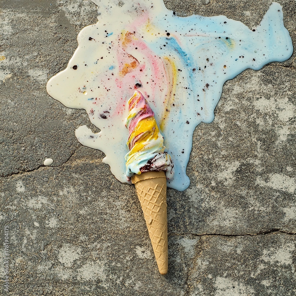 Fototapeta premium A melting ice cream cone spills onto a gray concrete surface, creating a colorful and chaotic pattern.