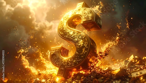 A detailed image of a golden currency symbol radiating light and emerging from an explosive burst of clouds and debris