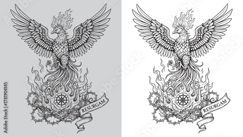Majestic Phoenix Rising from Fire and Thorns with Latin Motto 'Resurgam'