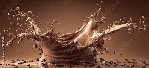 Splash of chocolate liquid with scattered chocolate pieces on a brown background