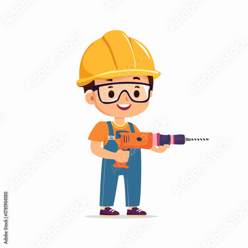 Adorable Builder Boy with Drill A Cheerful Construction Cartoon Illustration for Projects