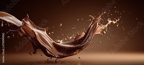 Brown liquid splash, cascading flow, drops suspended against a rich brown background