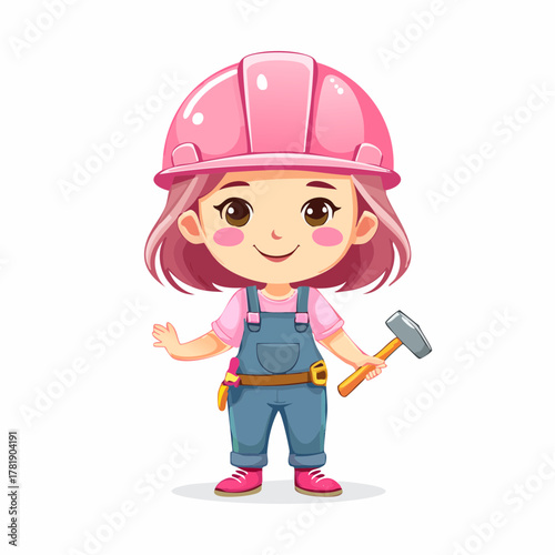 An adorable cartoon girl builder character with a pink hard hat and overalls, holding a hammer. Cheerful female construction worker mascot, vector illustration isolated on a white background