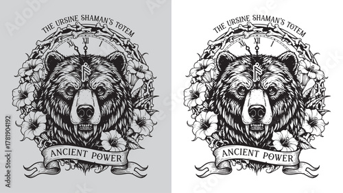 Grizzly Bear Head with Clock, Flowers, and Shamanic Totem Symbol