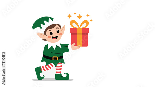 Holiday Cheer with a Gift: A cheerful holiday elf extends a gift box, radiating holiday joy. It captures the anticipation and excitement of giving and receiving gifts during the festive season. 