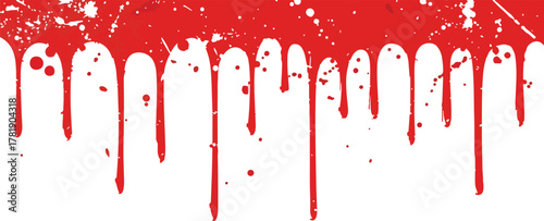 Red paint splatters and drips on a white background resembling a bloodlike effect
