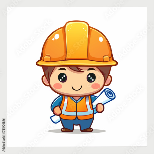 Adorable Kawaii Construction Worker Mascot Holding Blueprints with Safety Vest and Hard Hat