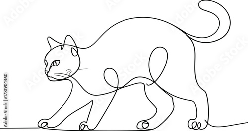 Black line art drawing of a cat in a stalking pose feline animal