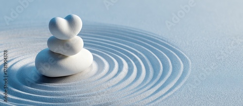 Stack of white stones, one shaped like a heart, on a sand bed with concentric lines