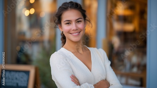 Fototapeta Naklejka Na Ścianę i Meble -  Refugee entrepreneur proudly standing in front of a small local business with a welcoming sign, representing economic empowerment, new beginnings, and self-reliance after resettlement. cinematic